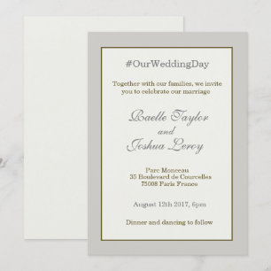 Hashtag personalised gold grey ivory white wedding invitation