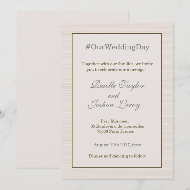 Hashtag personalised gold grey stripes wedding invitation (Front/Back)