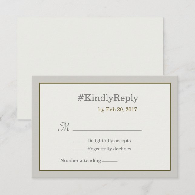 Hashtag personalised grey gold white wedding rsvp invitation (Front/Back)