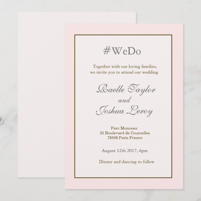 Hashtag personalised sweet pink gold grey wedding invitation (Front/Back)