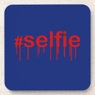 Hashtag Selfie Drooling on blue decor Coaster