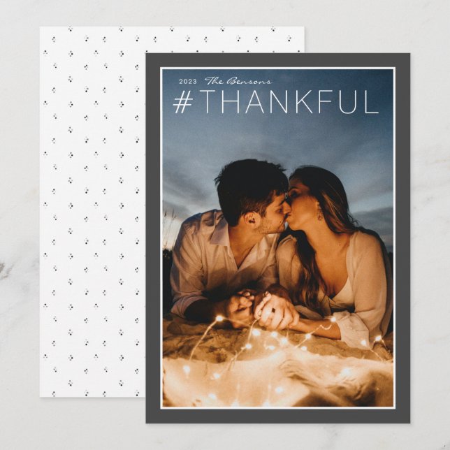 Hashtag #THANKFUL Charcoal White Vertical Holiday Card (Front/Back)