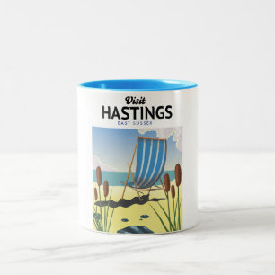 Hastings East Sussex beach travel poster Two-Tone Coffee Mug