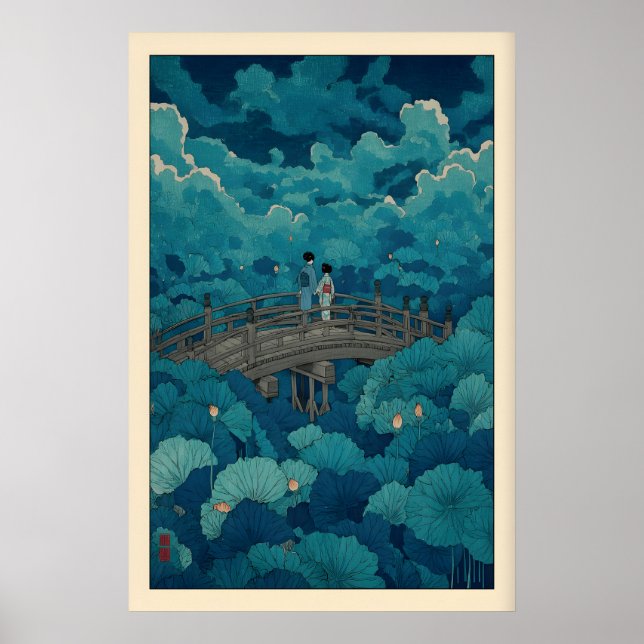 Hasui Kawase Lotus Pond Print, Arched Bridge Poster (Front)