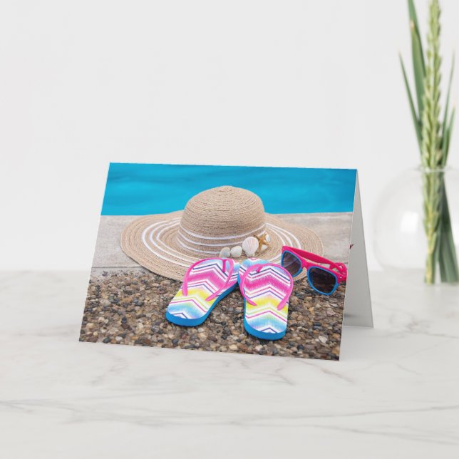 hat and flip flops by pool Mother's Day Card (Front)