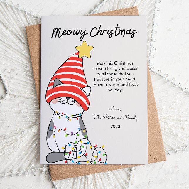 Hat Cat and Lights Pet Lover Christmas Flat Holiday Card (Creator Uploaded)