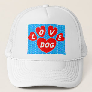 Hat Love Dog Hearts Red on Bright Blue