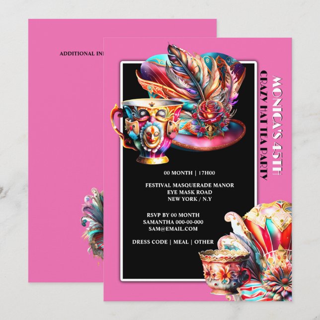 Hat tea party festival masquerade feather pink invitation (Front/Back)