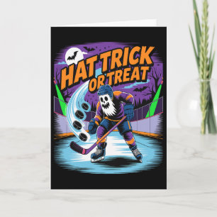 Hat Trick Or Treat Funny Ice Hockey Ghost Hallowee Card