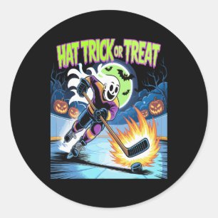 Hat Trick Or Treat Funny Ice Hockey Ghost Hallowee Classic Round Sticker