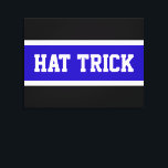HAT TRICK Royal Blue Black White Hockey Stripes Canvas Print<br><div class="desc">This sporty hockey design features athletic "HAT TRICK" inside royal blue and white centre stripes against black background.</div>