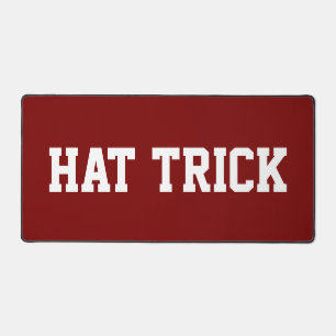 HAT TRICK Sporty White Hockey Text On Deep Red Desk Mat