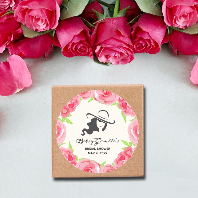 Hat Watercolor Roses Derby Bridal Shower Classic Round Sticker (Lady's Hat Pink Roses Derby Bridal Shower Round Party Favor Stickers)