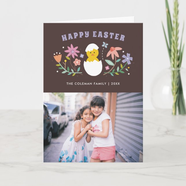 Hatched Floral Easter Holiday Photo Card - Brown (Front)