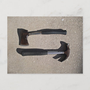 Hatchet and hammer in display postcard