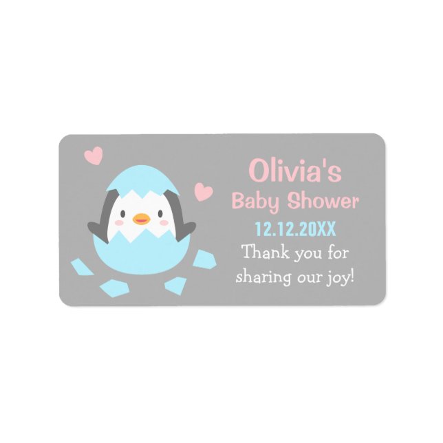 Hatching Penguin Baby Shower Thank You Labels (Front)