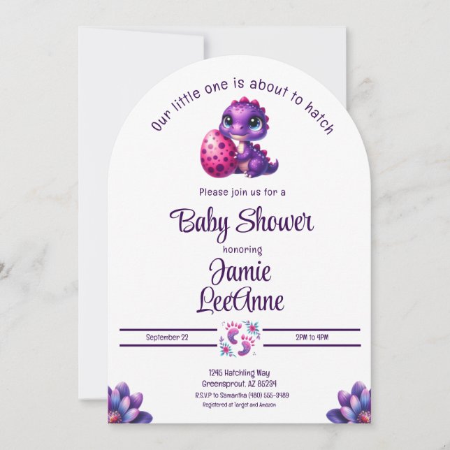 Hatching Soon Baby Dinosaur Purple Baby Shower Invitation (Front)