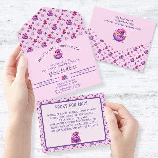 Hatching Soon Baby Pink Dinosaur Baby Shower All In One Invitation