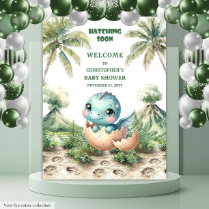 Hatching Soon Baby Shower Banner Blue Dinosaur Tapestry