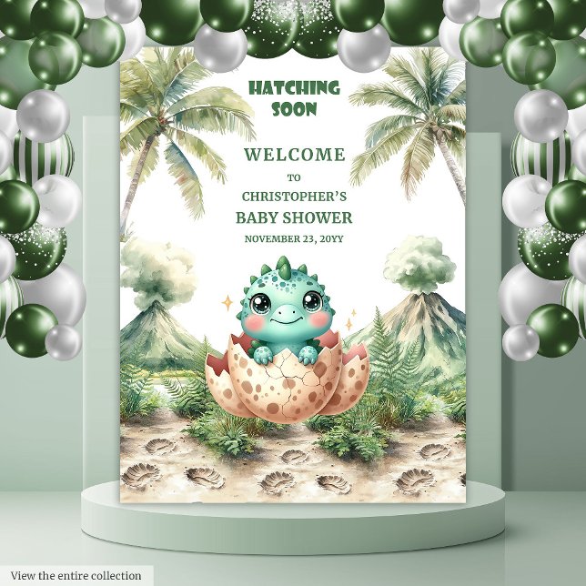 Hatching Soon Baby Shower Banner Blue Dinosaur Tapestry (Hatching Soon Baby Shower Banner Blue Dinosaur)
