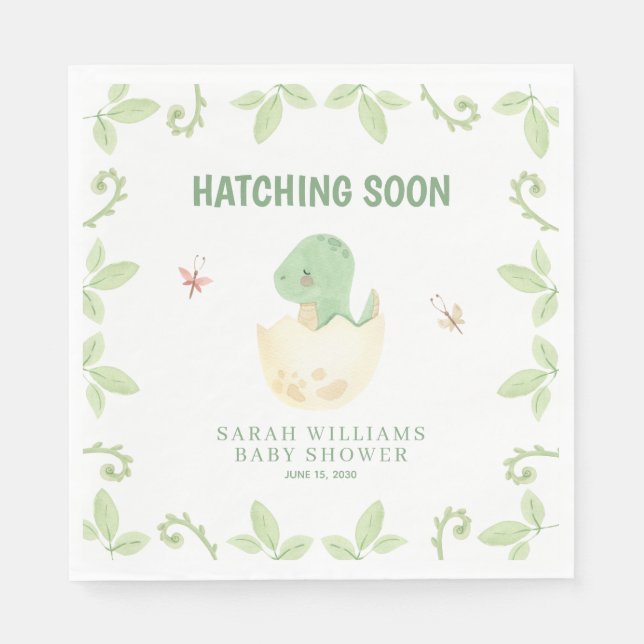Hatching Soon Baby Shower Dinosaur Watercolor Napkin (Front)