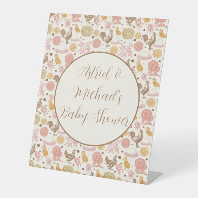 Hatching Soon Chicken Girl Baby Shower Pedestal Sign (Front)