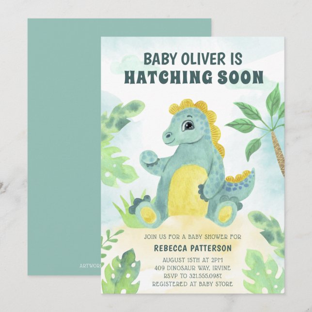 Hatching Soon Cute Boy Dinosaur Baby Shower Invitation (Front/Back)