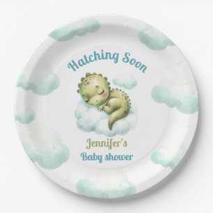 Hatching Soon Cute Dinosaur Blue Boy Baby Shower Paper Plate