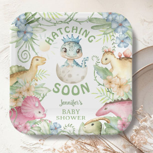 Hatching Soon Dino Boy Dinosaur Baby Shower Paper Plate