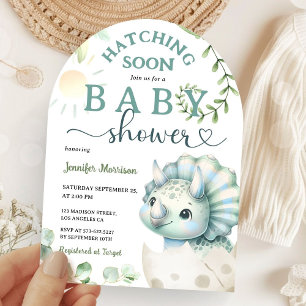 Hatching Soon Dinosaur Baby Shower Boy Blue Arch Invitation