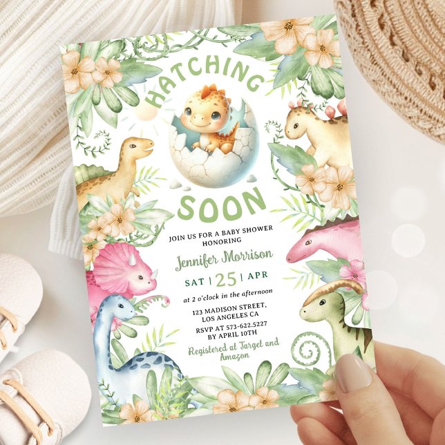 Hatching Soon Dinosaur Baby Shower Gender Neutral Invitation (Creator Uploaded)