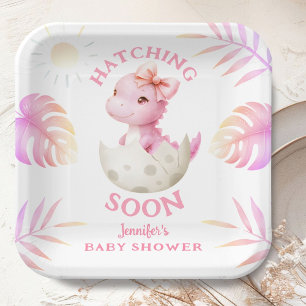 Hatching Soon Dinosaur Baby Shower Girl Pink Paper Plate