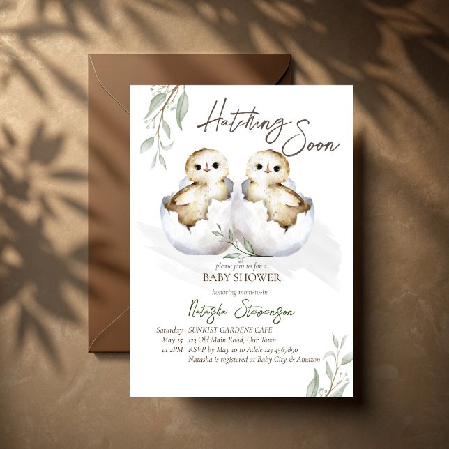 Hatching soon little bird inside egg baby shower invitation (Hatching soon two little birds inside egg twins baby shower invitation cards template)