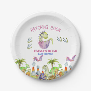 Hatching Soon roar GIRL baby shower Paper Plate