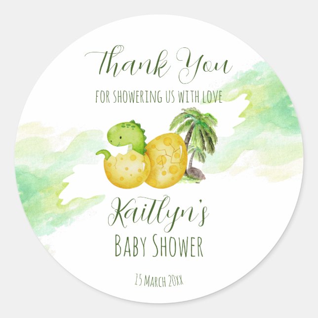 Hatching soon watercolor green baby dinosaur classic round sticker (Front)