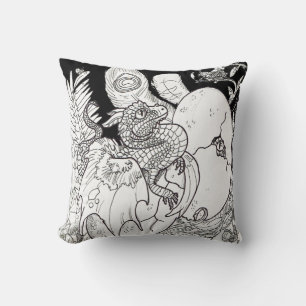Hatchling Dragon line art ink drawing Cushion