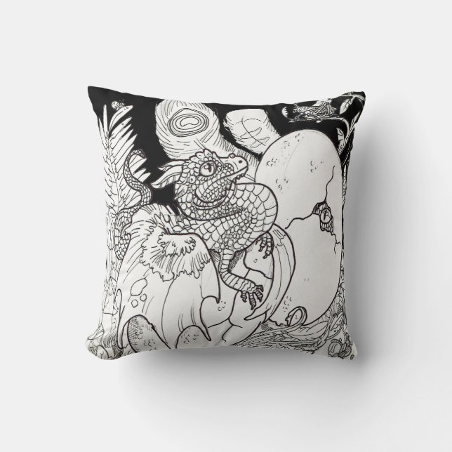 Hatchling Dragon line art ink drawing Cushion (Front)