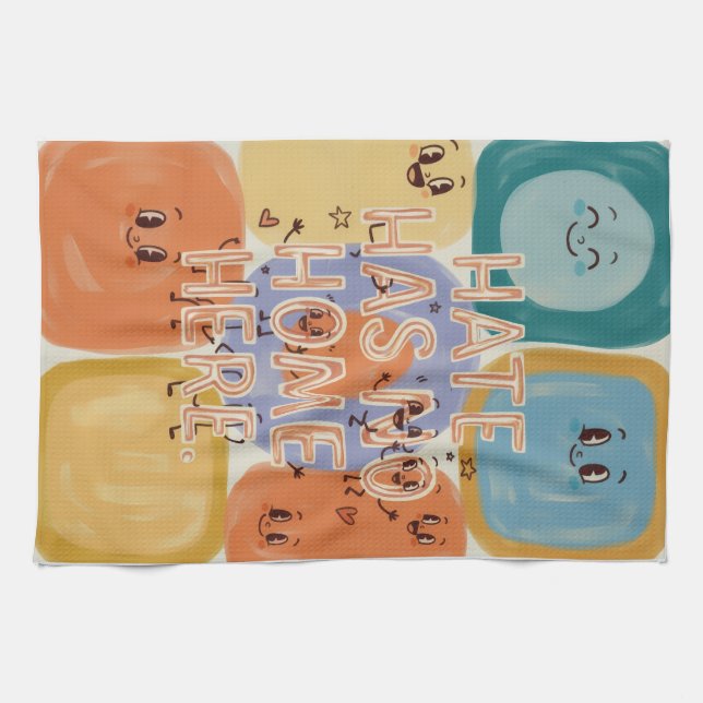 Hate Has No Home Here Playful Character Art Tea Towel (Horizontal)