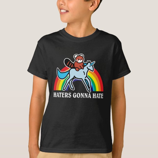 Haters Gonna Hate Funny Red Panda Riding Unicorn T-Shirt (Front)