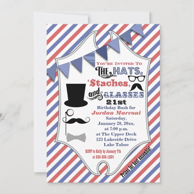 Hats, Moustaches, and Glasses 21st Birthday Invite (Front)