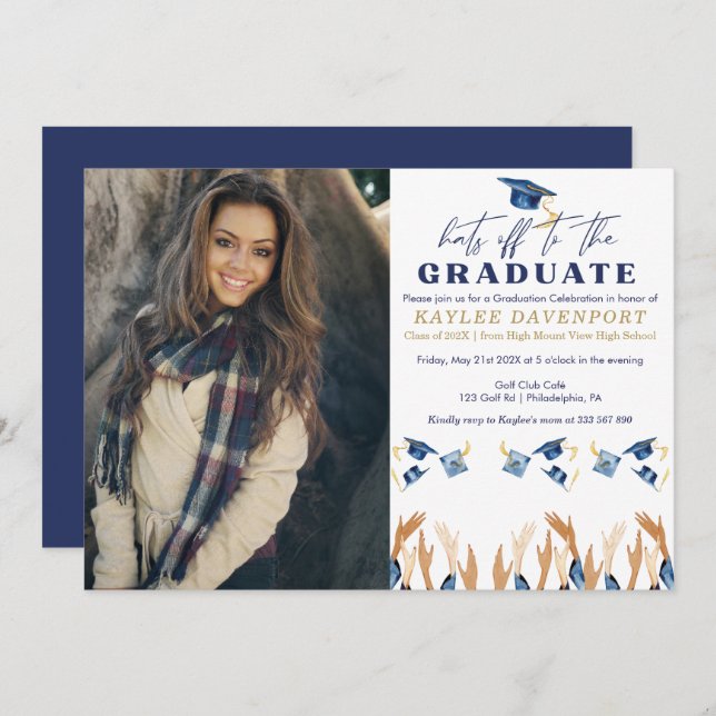 Hats off Graduation party photo Invitation (Front/Back)