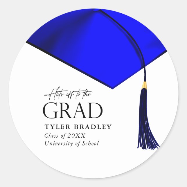 Hats Off To Grad Blue & Gold Mens Graduation Classic Round Sticker (Front)