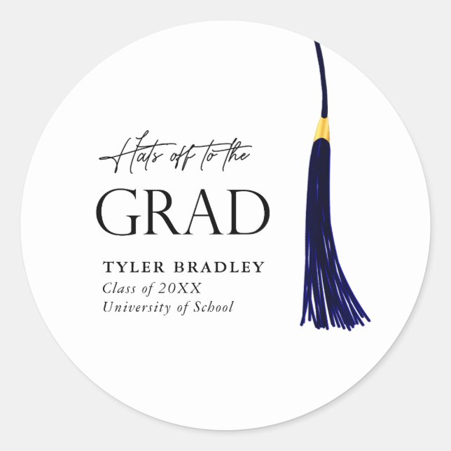 Hats Off To Grad Blue & Gold Tassel Graduation Classic Round Sticker (Front)