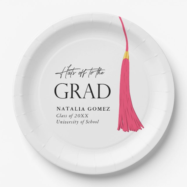 Hats Off To Grad Pink & Gold Tassel Graduation Paper Plate (Front)