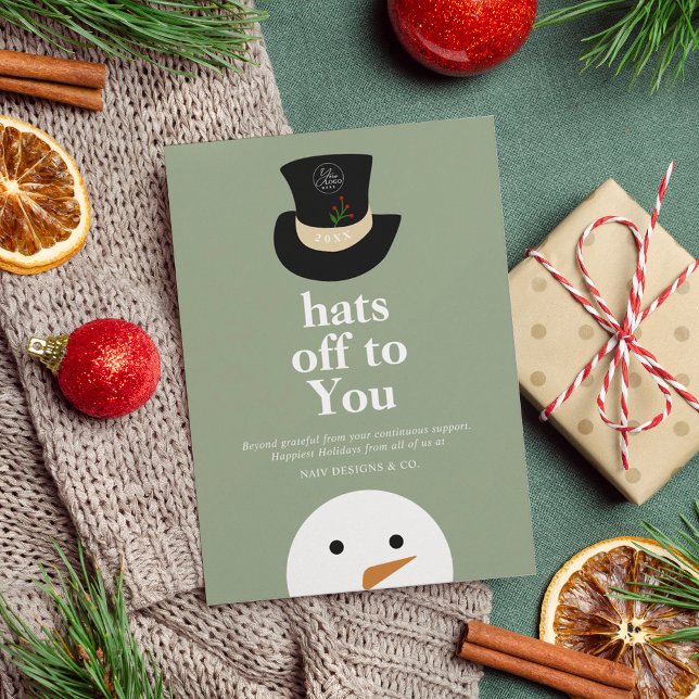 Hats Off To You Snowman Sage Green Company Logo Holiday Card (Creator Uploaded)