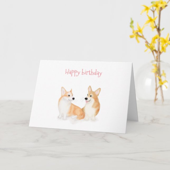 Hattie & Leah Pembroke Welsh corgis birthday card (Yellow Flower)