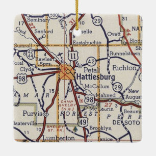 Hattiesburg MS Vintage Map Ceramic Ornament