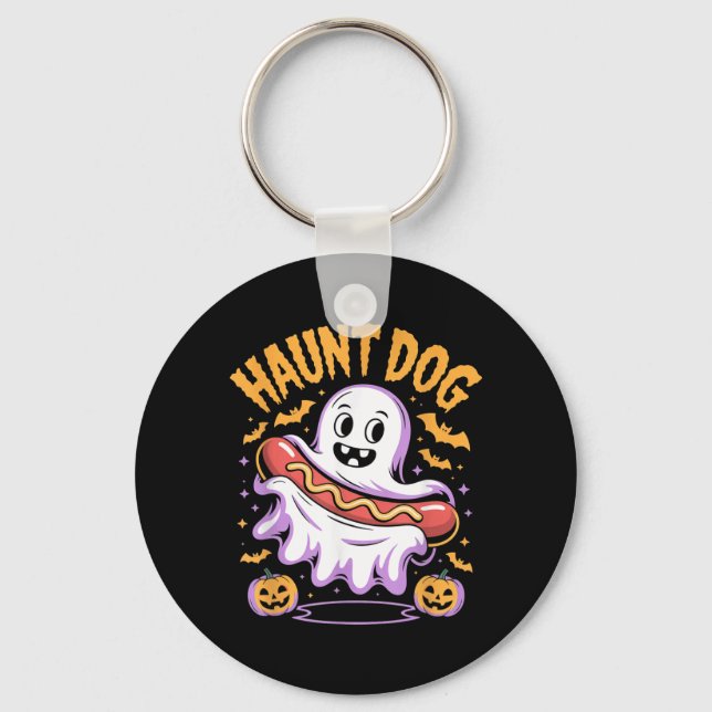 Haunt Dog Funny Ghost Hotdog Halloween Key Ring (Front)