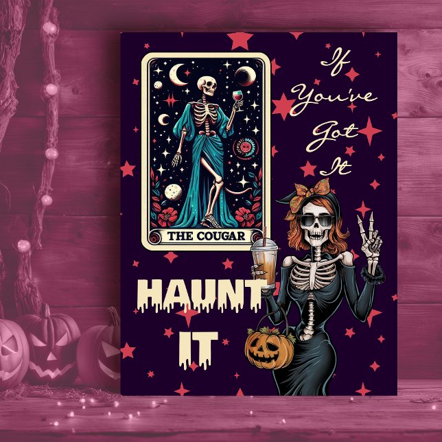 Haunt It Funny Cougar Halloween Skeleton Holiday Postcard (Creator Uploaded)