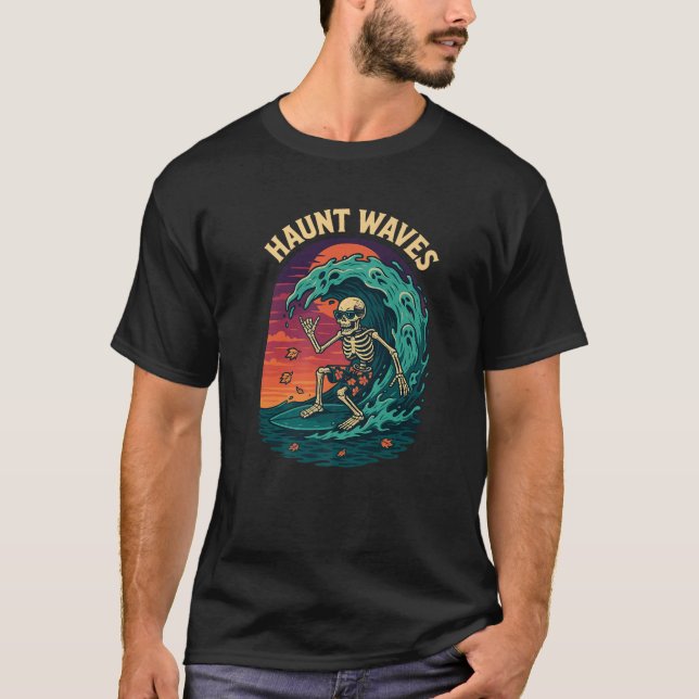 Haunt Waves Skeleton Surfer Riding Ghost Wave Prem T-Shirt (Front)